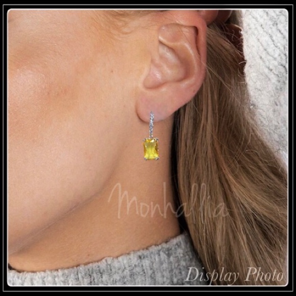 NEW 925 SILVER SQUARE PRINCESS CANARY CITRINE SAPPHIRE YELLOW AMETHYST EARRINGS - Picture 5 of 5